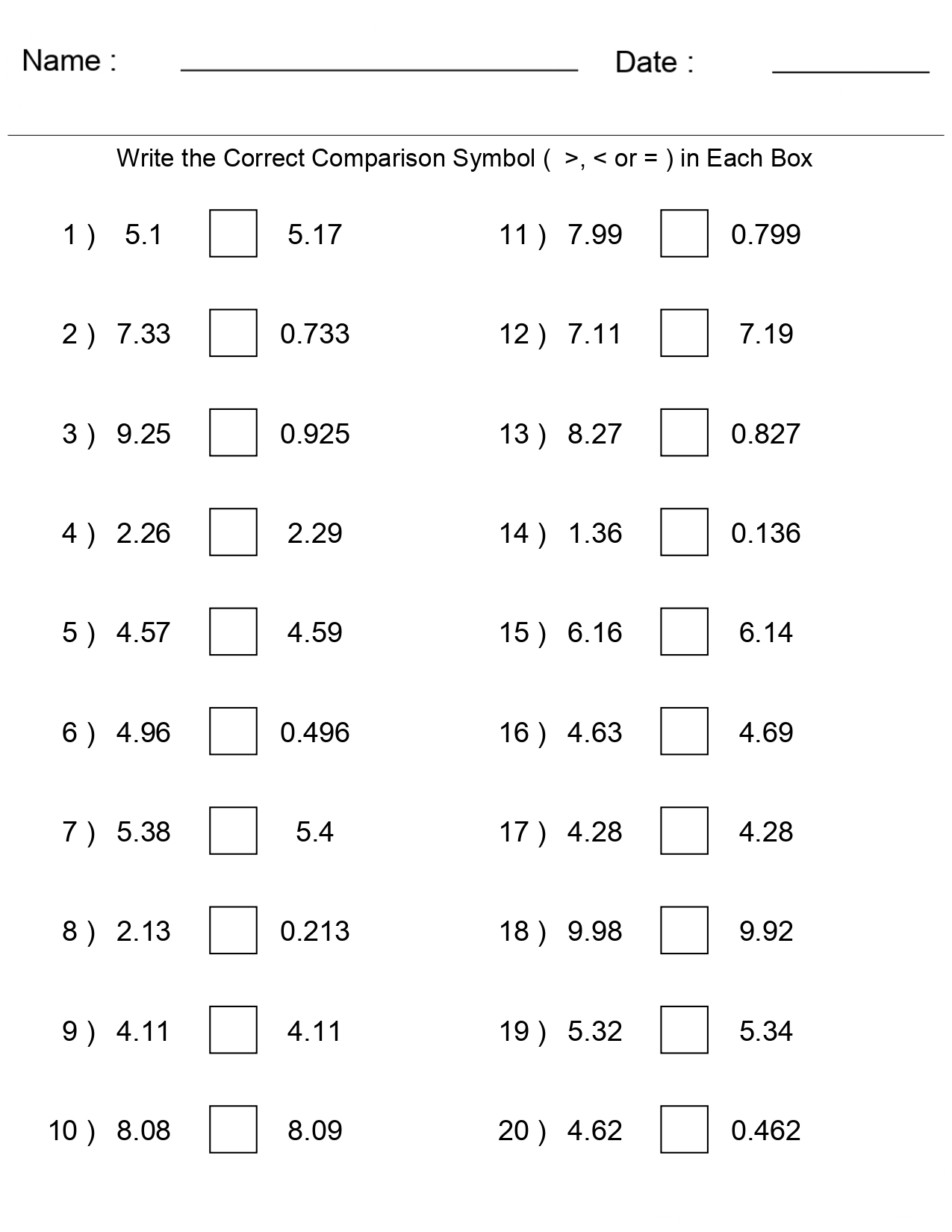 4Th Grade Comparing Decimal Worksheets Printable