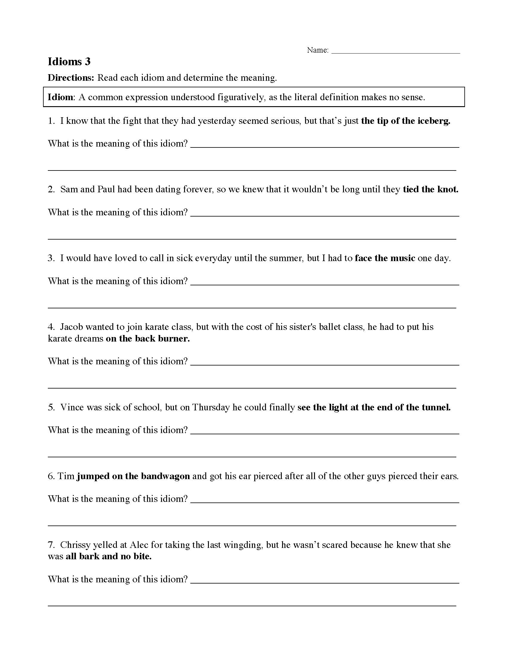 Idiom Worksheets Tests Figurative Language Activities