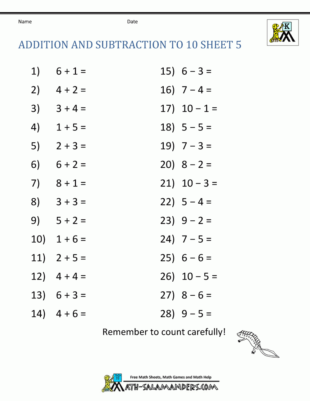 Addition And Subtraction Kindergarten Worksheets Printable