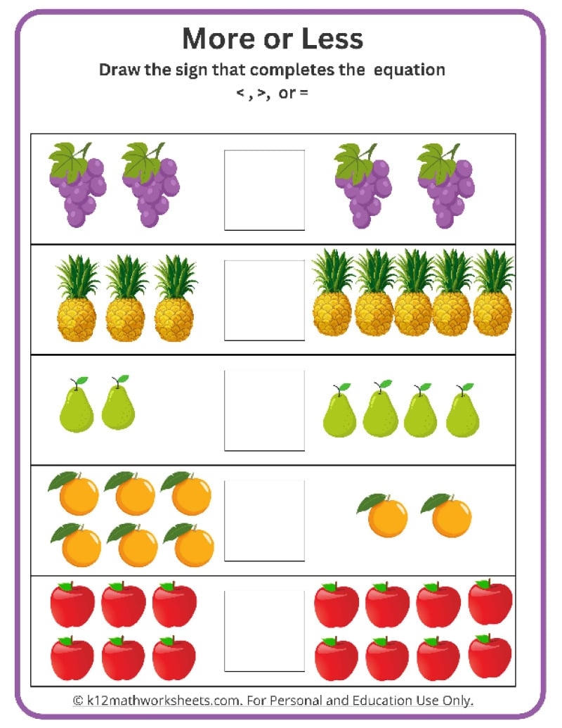 Kindergarten More or Less Worksheets Printable