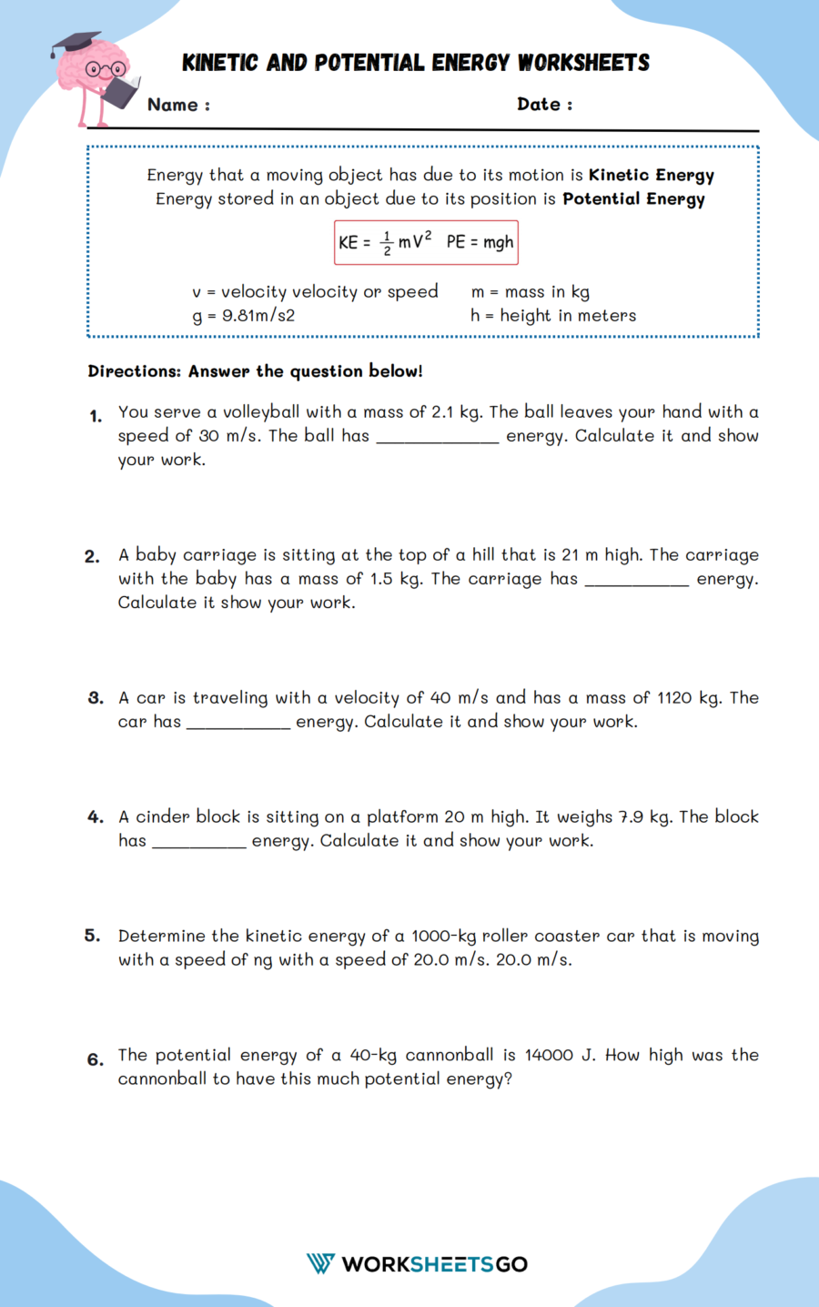 4Th Grade Science Printable Worksheets Kinetic Energy