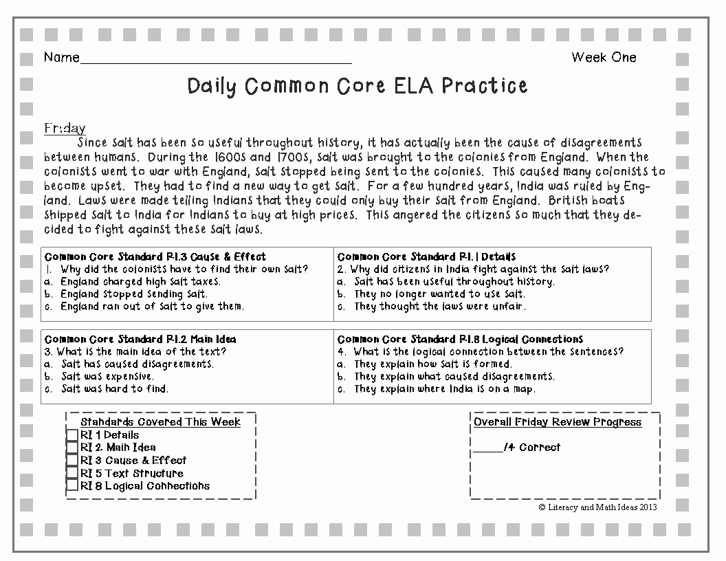 Literacy Math Ideas Five Weeks Of Daily Common Core Practice