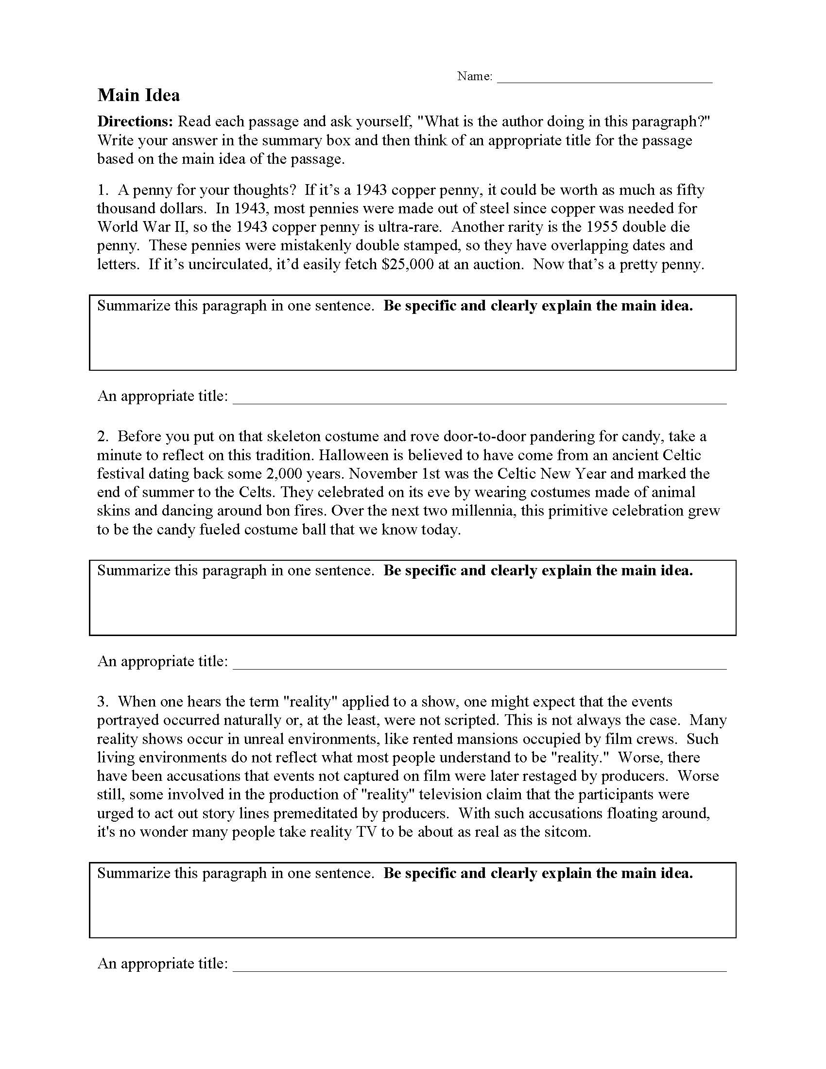 Determining Main Idea Worksheets Free Printable
