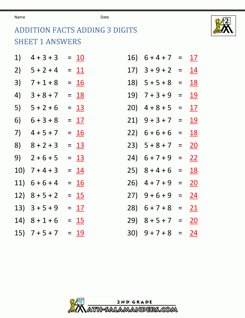 Addition Facts To 20 Printable Worksheets