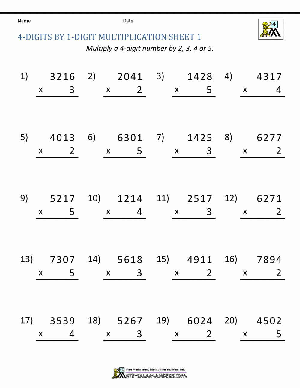 4Th Grade Printable Multiplication Worksheets