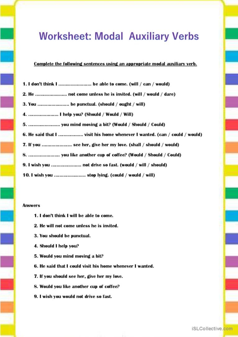 Modal Auxiliary Verbs English ESL Worksheets Pdf Doc