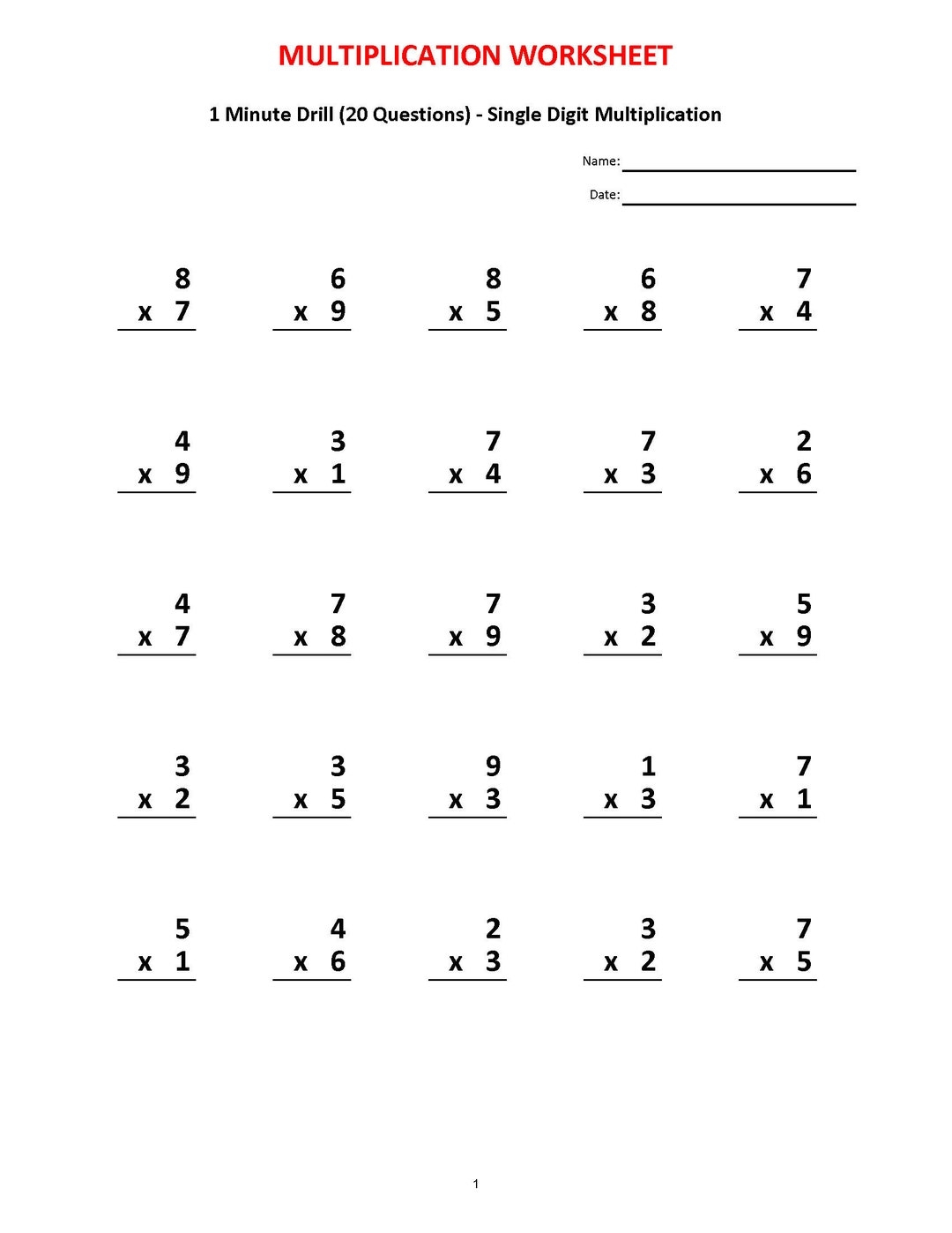 First Grade Printable Mad Minute Worksheets