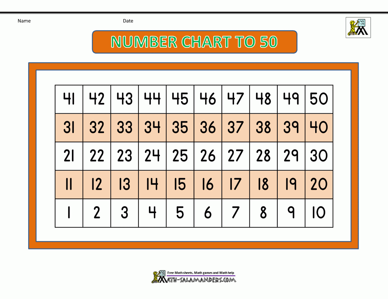 0-50 Number Grid Worksheets Printable