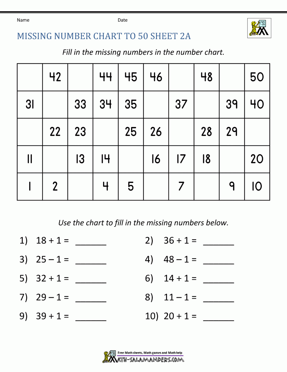 Number Chart To 50