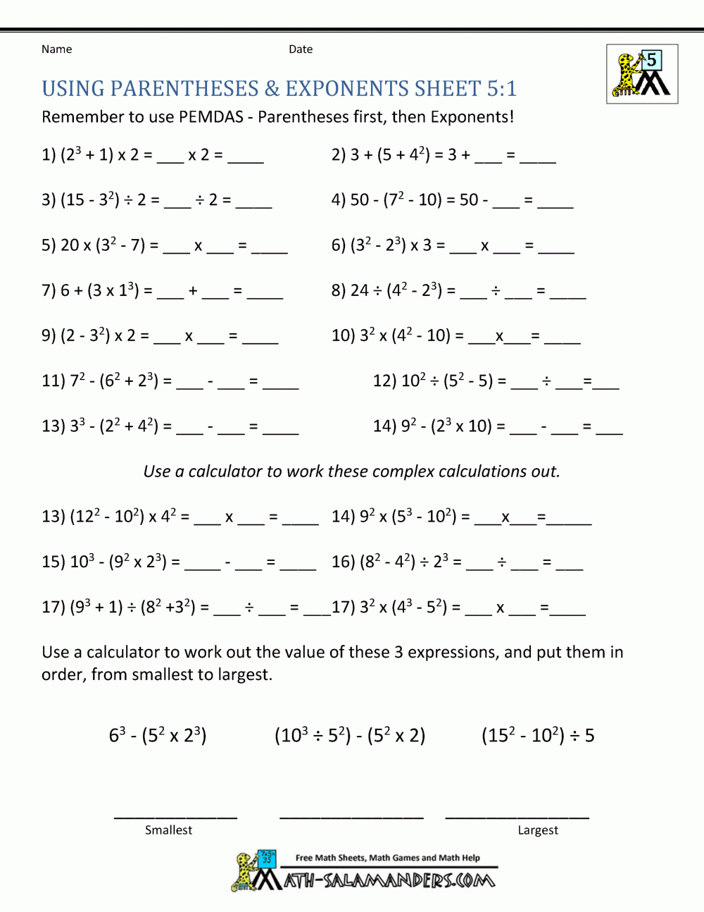 5Th Grade Exponents Printable Worksheets