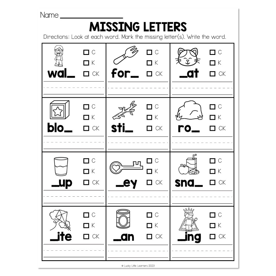 Phonics Worksheet C K Or CK Missing Letters Lucky Little Learners