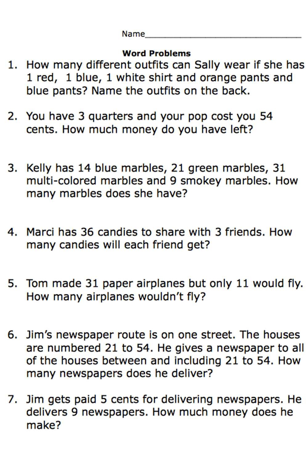 2Nd Grade Word Problems Printable Worksheets