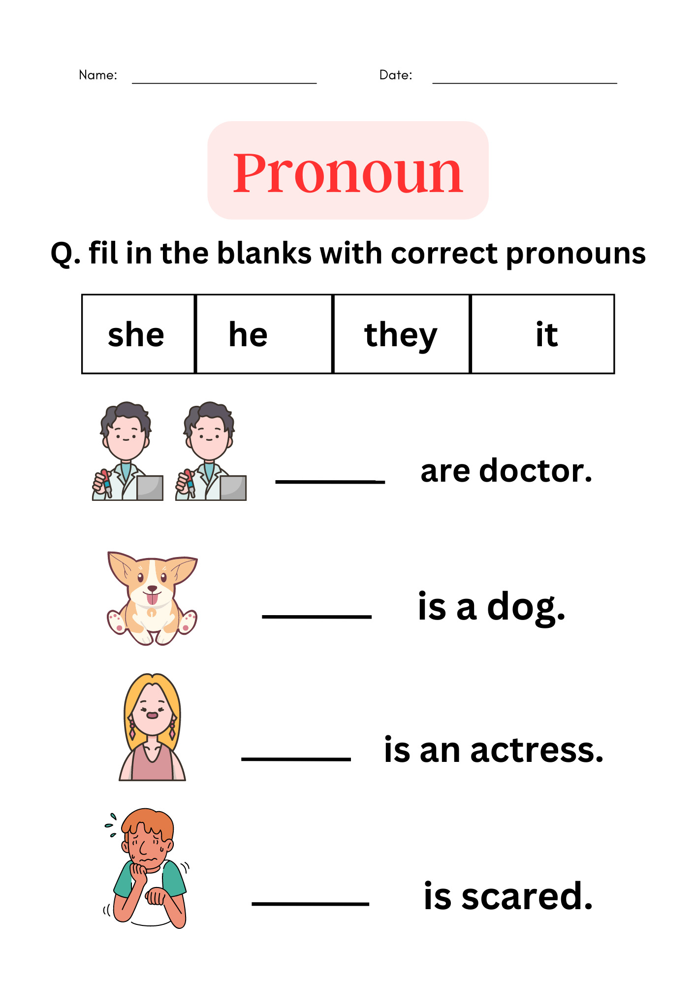 First Grade Free Printable Pronoun Worksheets