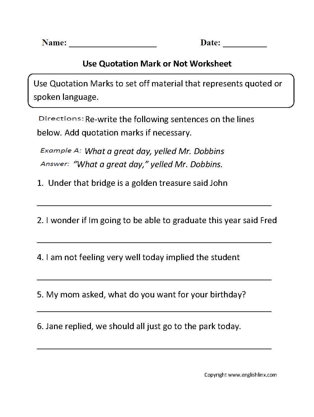 Punctuation Worksheets Quotation Mark Worksheets