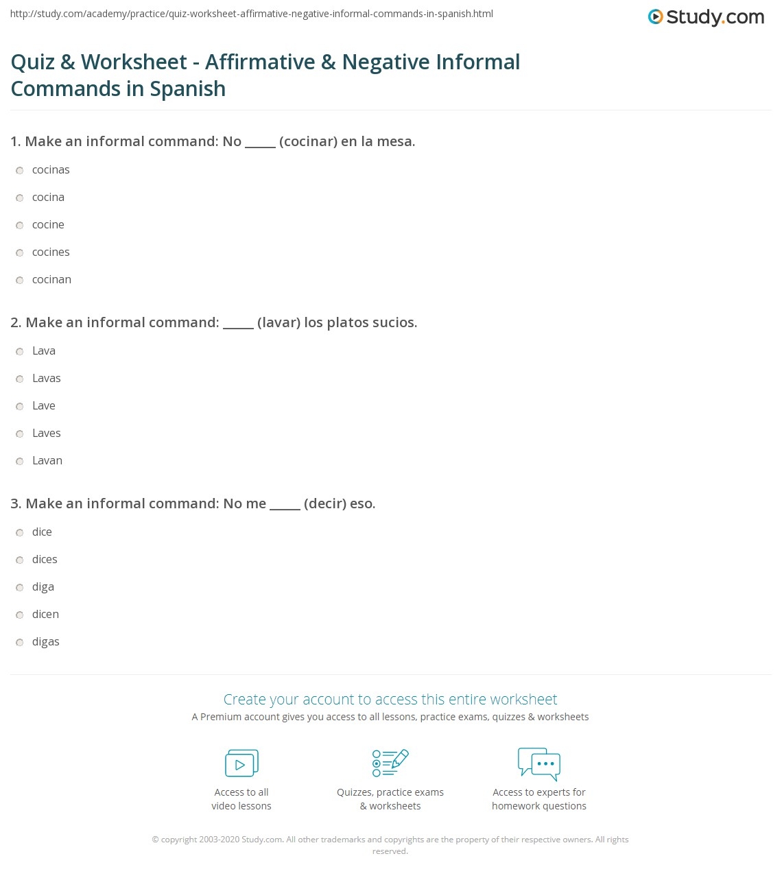 Quiz Worksheet Affirmative Negative Informal Commands In Spanish Study