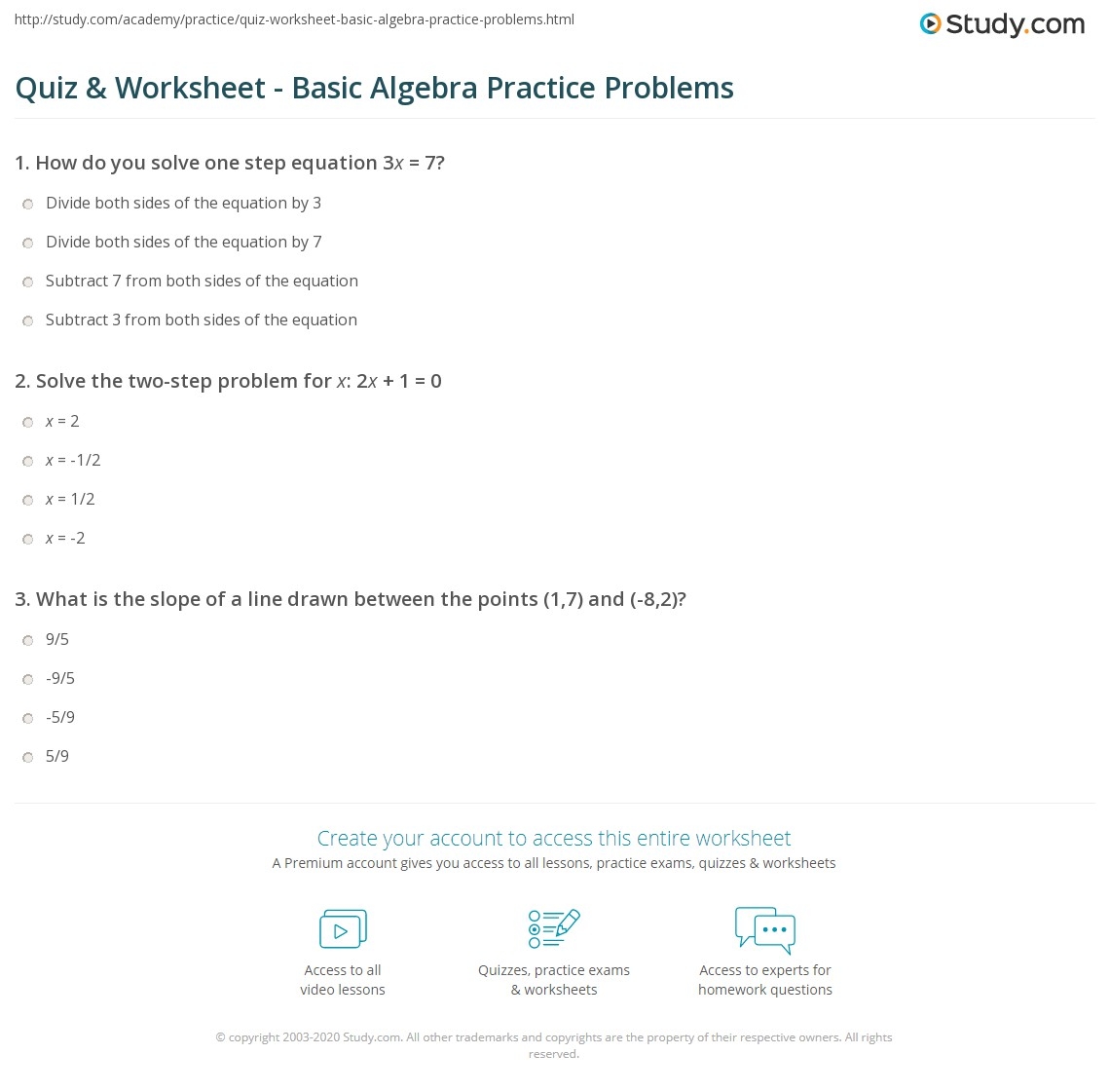 Algebra Review Quiz Printable Worksheets