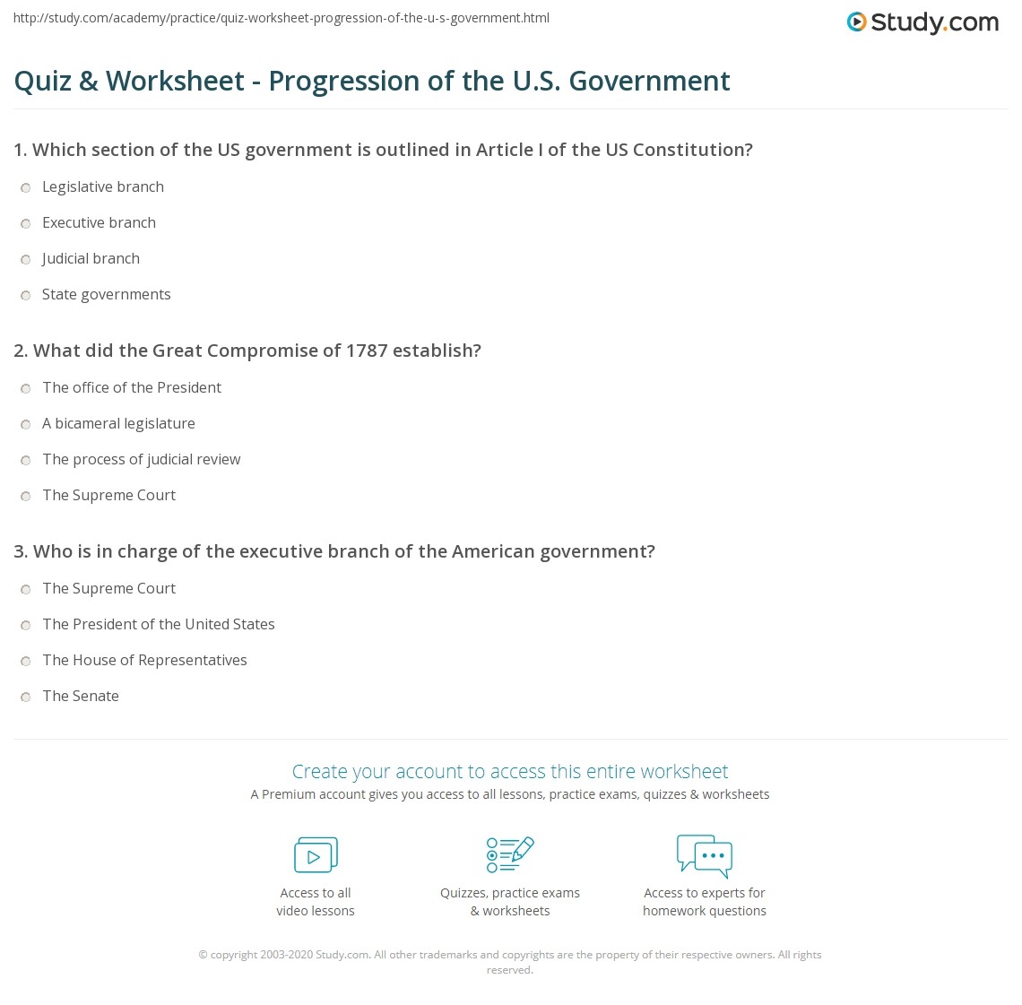 Quiz Worksheet Progression Of The U S Government Study