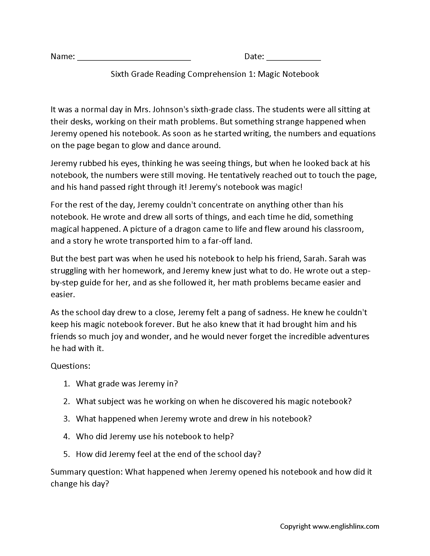 6Th Grade Reading Comprehension Worksheets Printable