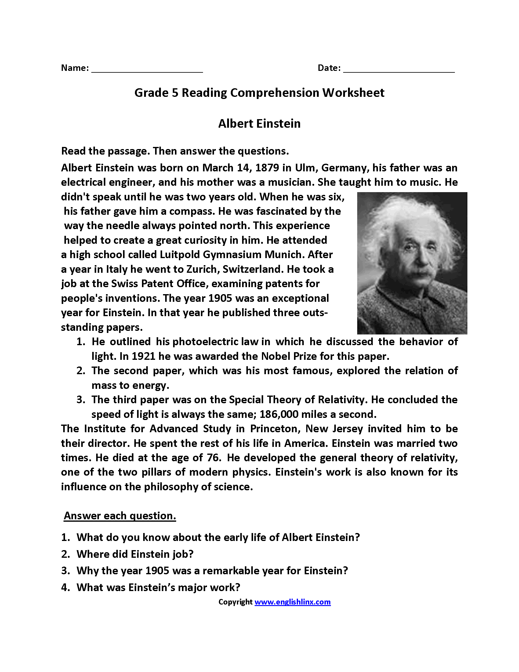 5Th Grade Reading Printable Worksheets