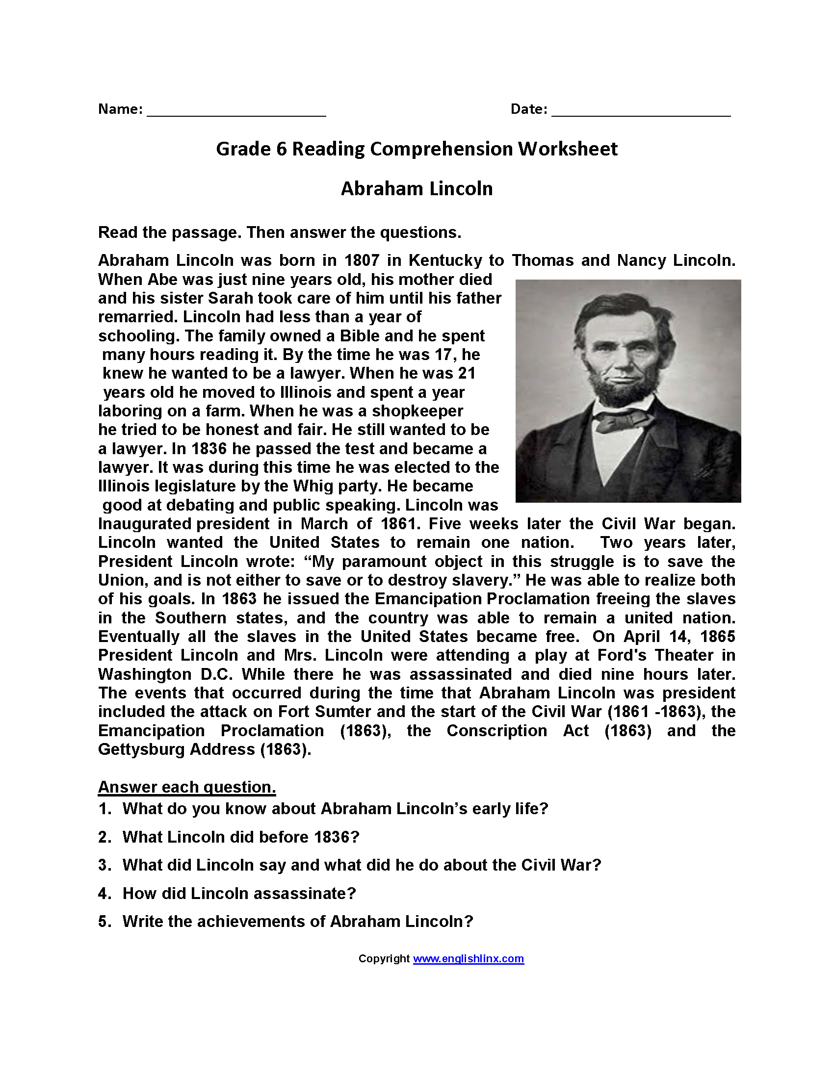 6Th Grade Reading Worksheets Printable