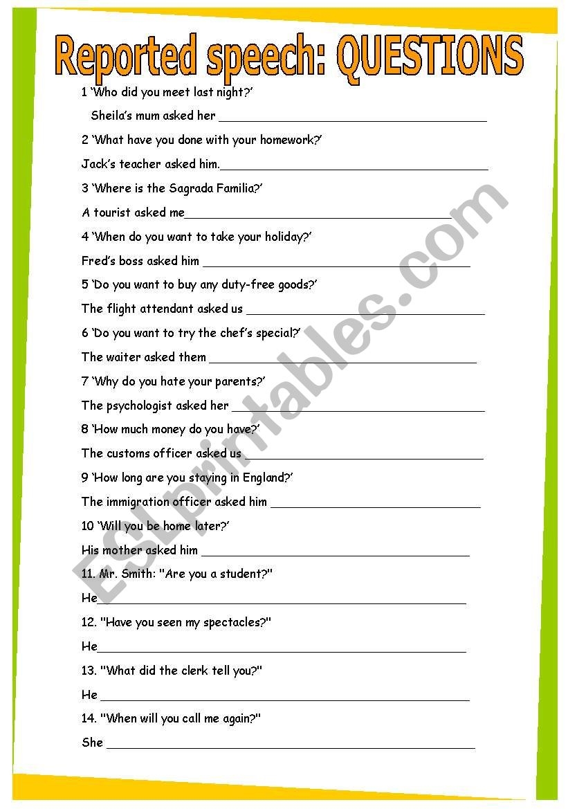 Reported Speech Questions GRAMMAR WORKSHEET 31 ESL Worksheet By Vanessa G L
