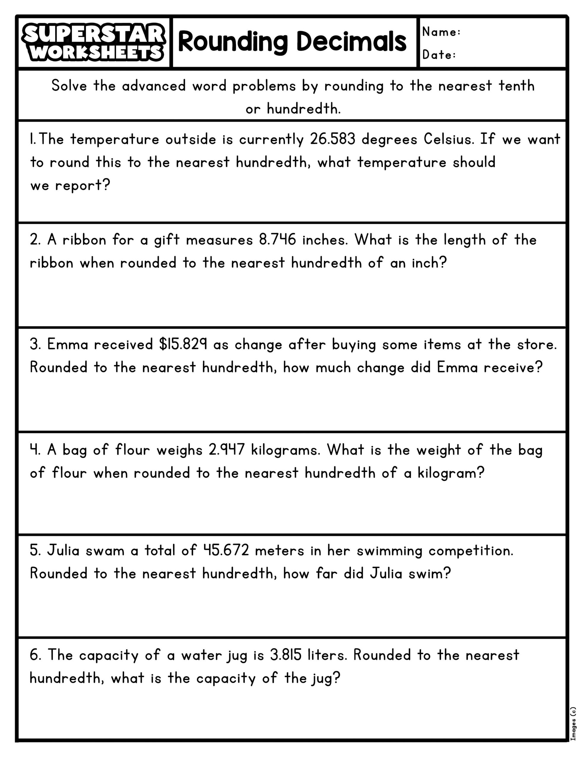 Decimal Place Value Printable Word Problem Worksheets