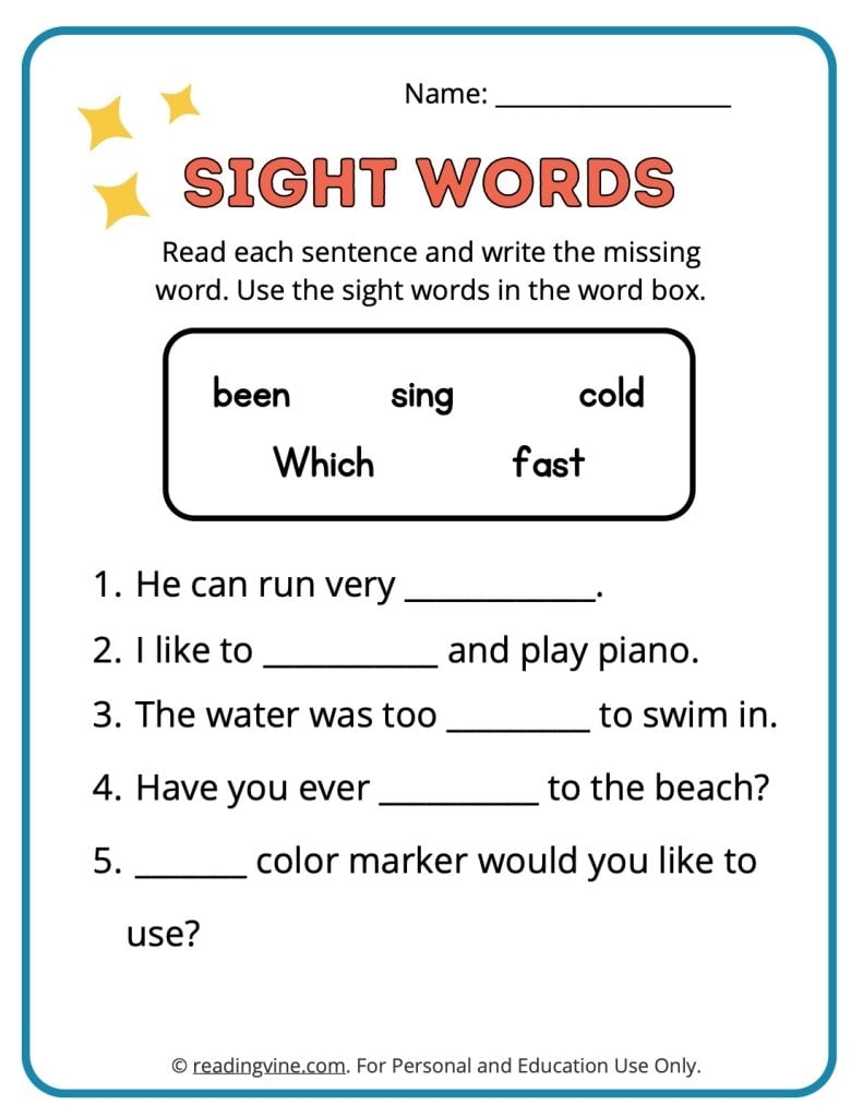 Common Core Sight Words Printable Worksheets