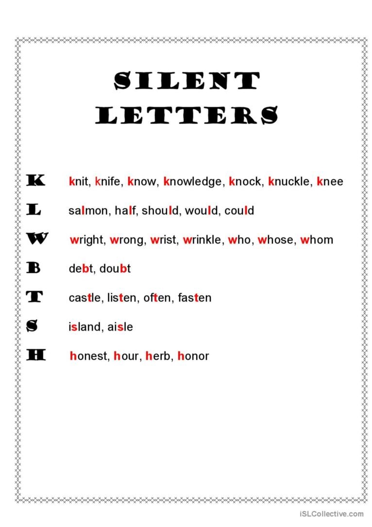 Esl Printable Worksheets Silent Letters