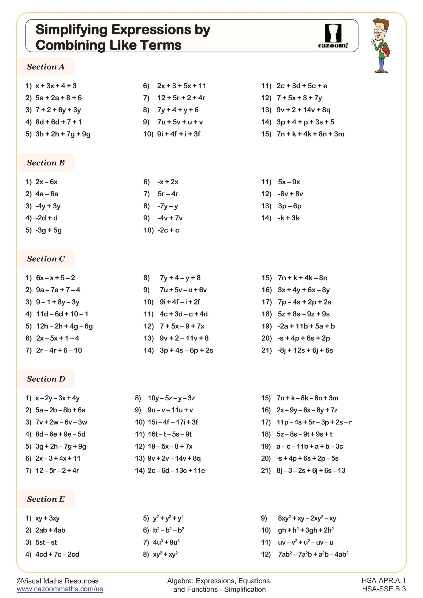 Simplifying Expressions By Combining Like Terms Worksheet Algebra I PDF Worksheets