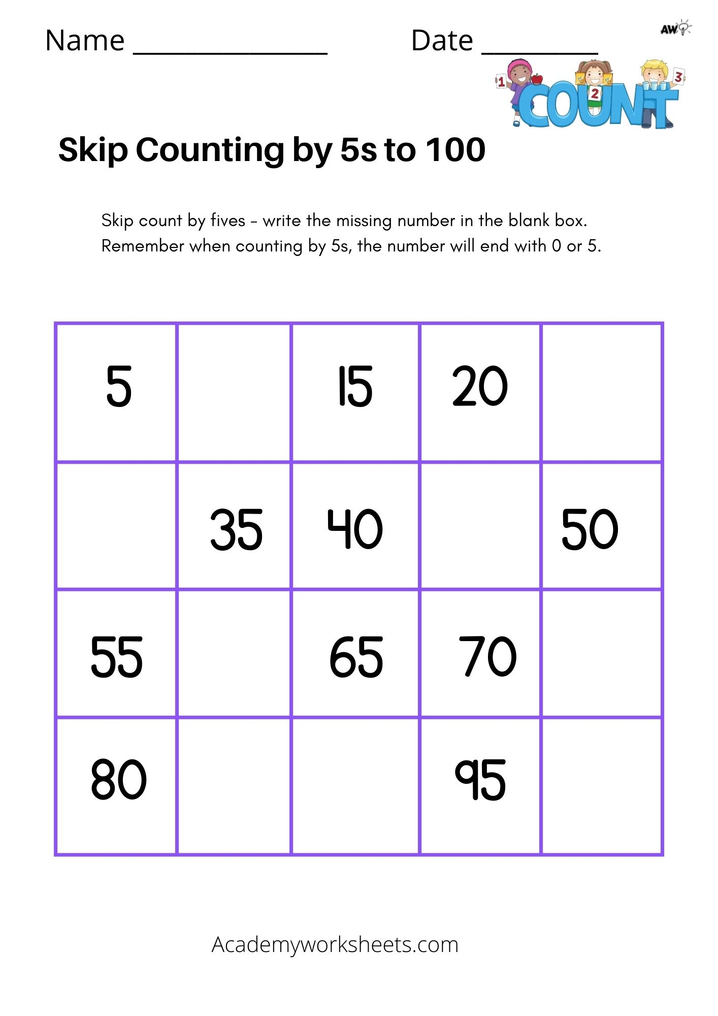 Counting By Fives Printable Worksheets
