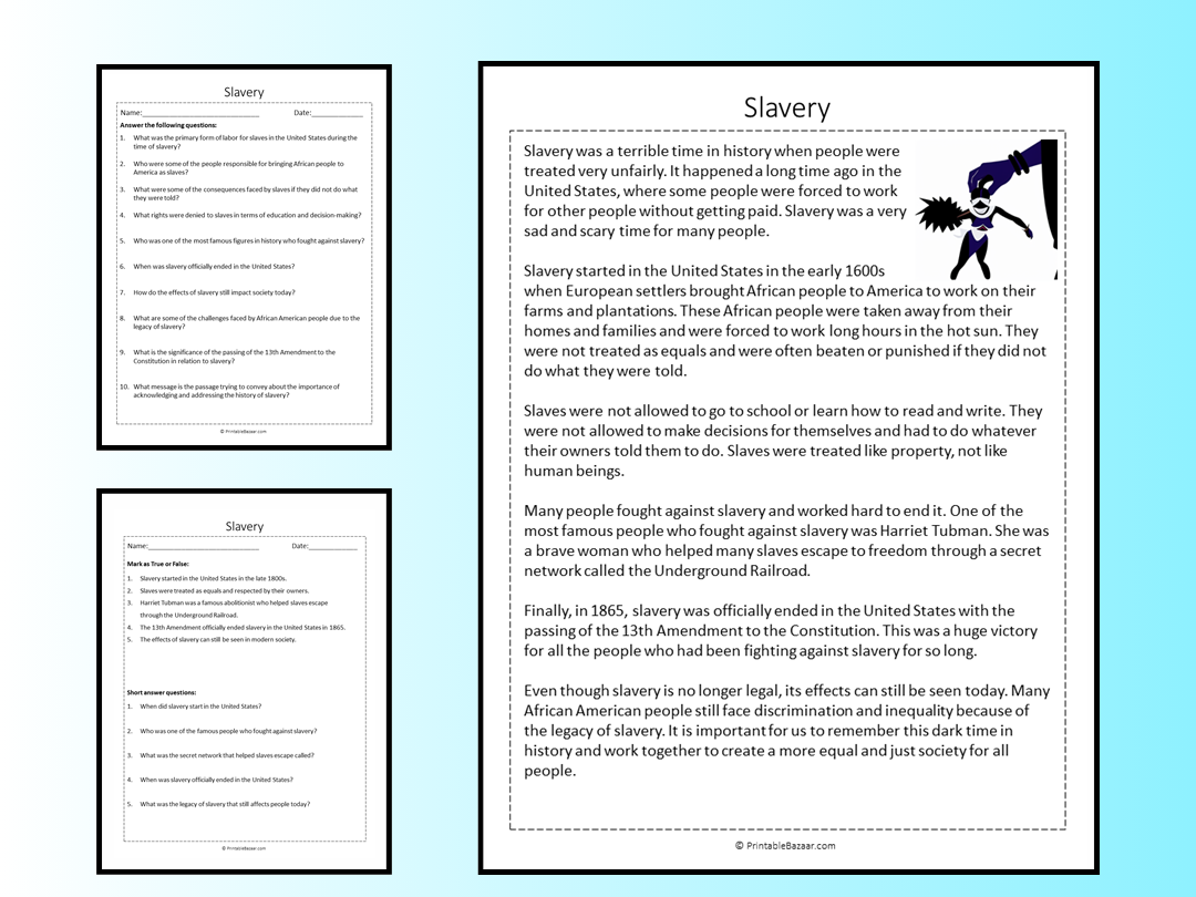 Slavery Reading Comprehension Passage Printable Worksheet Teaching Resources