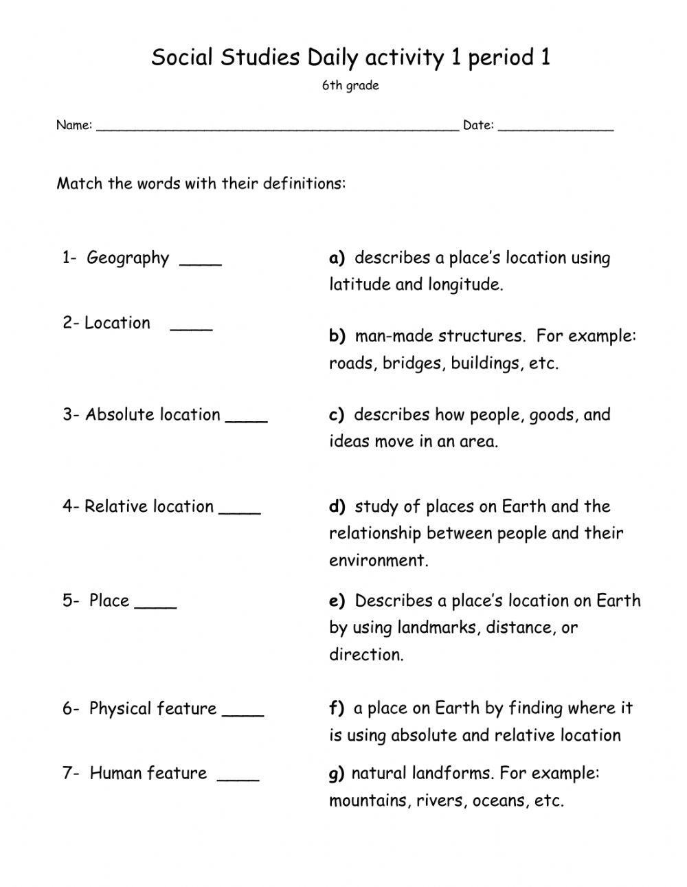 6Th Grade Social Studies Printable Worksheets