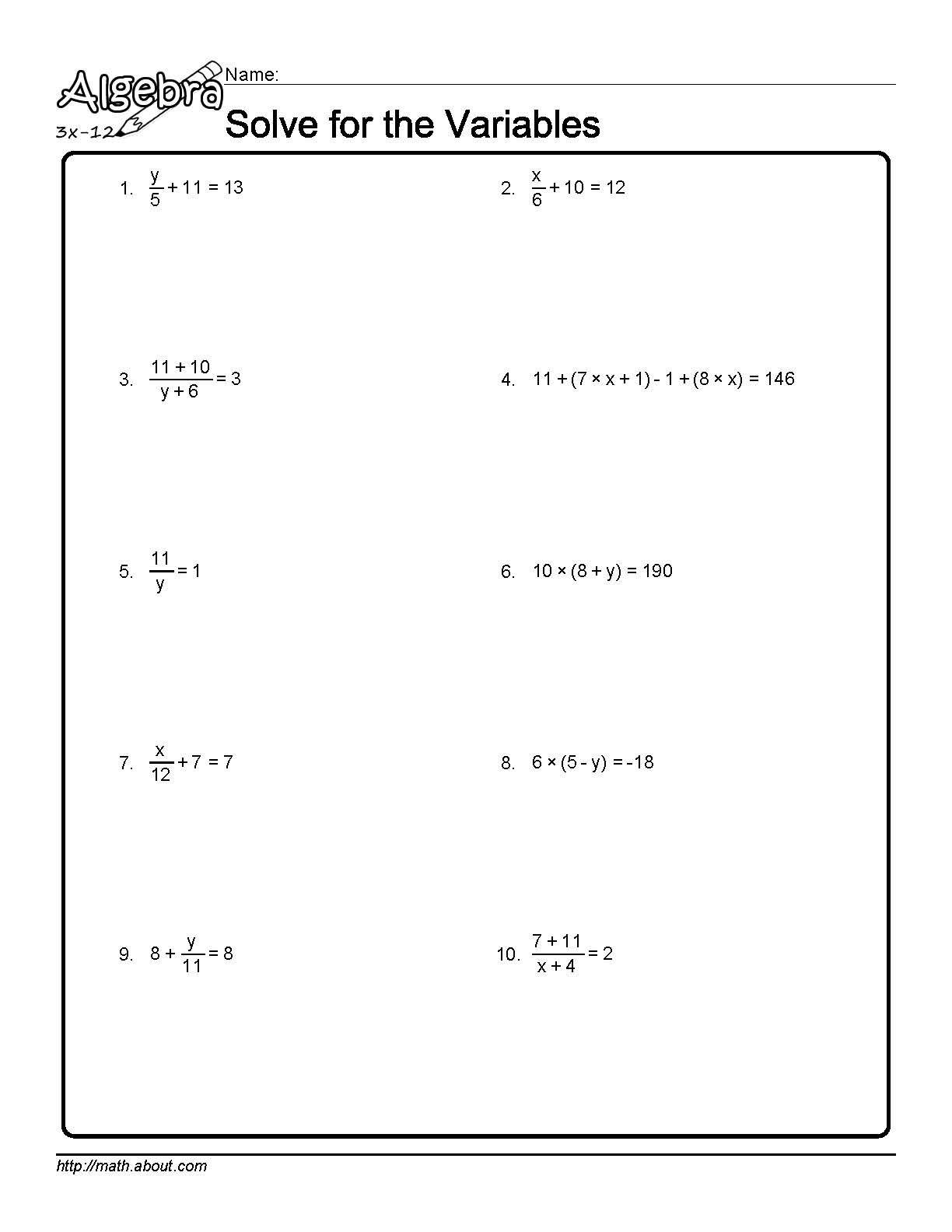 Algebra Printable Worksheets Mutliple Variable Porblems