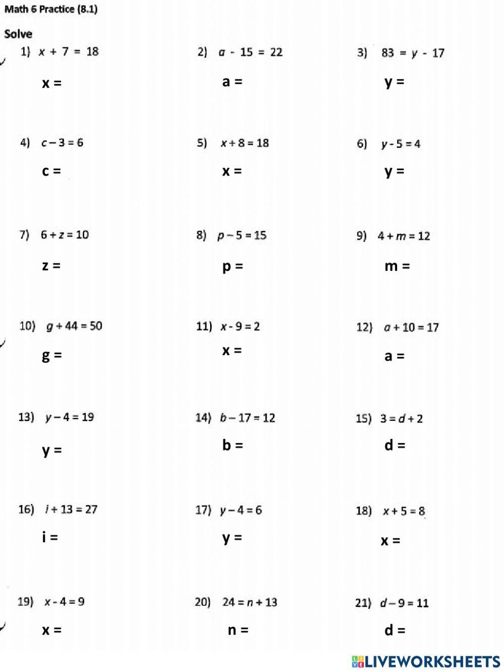 Solving Equations Mixed Equations Worksheets Level A Worksheets Library