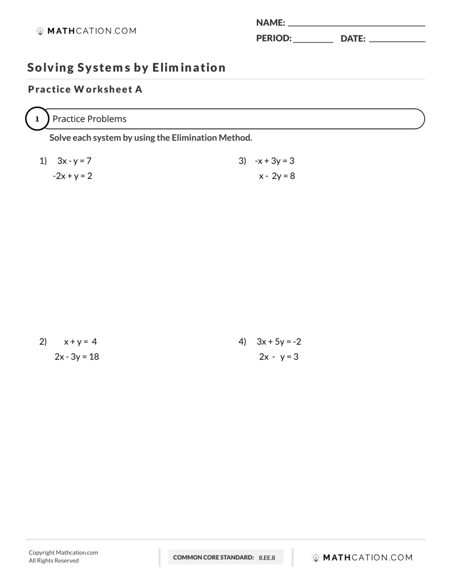 Algebra Elimination Game Printable Algebra Substitution Worksheets