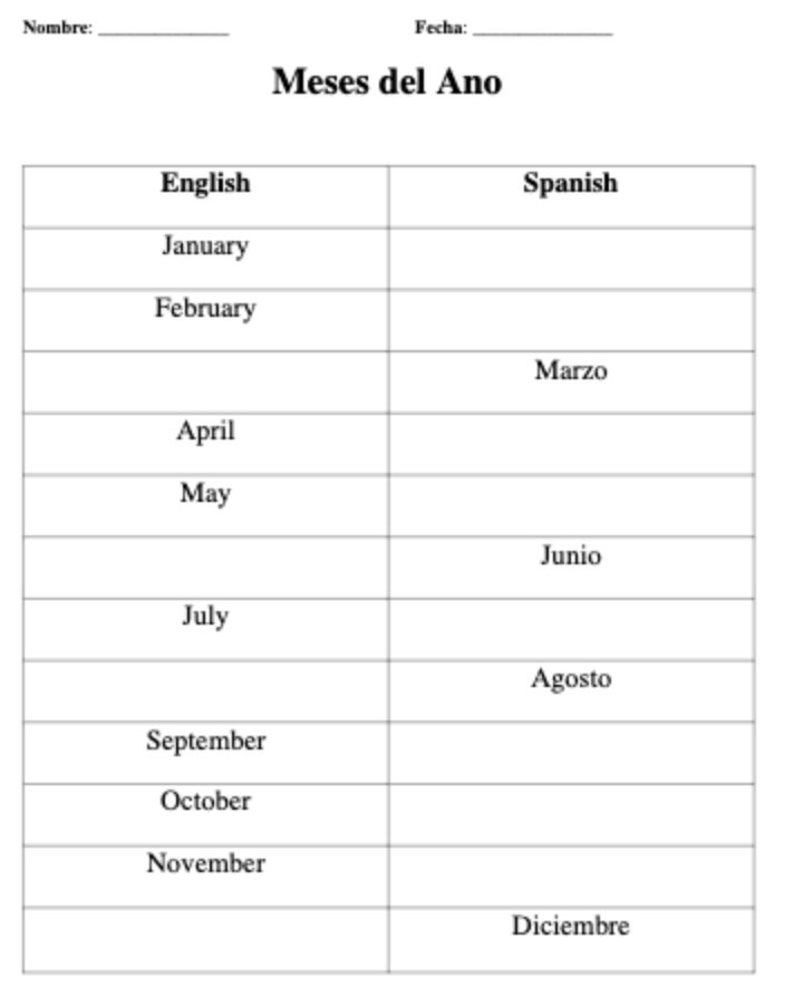 Beginner Spanish To English Worksheets Printable