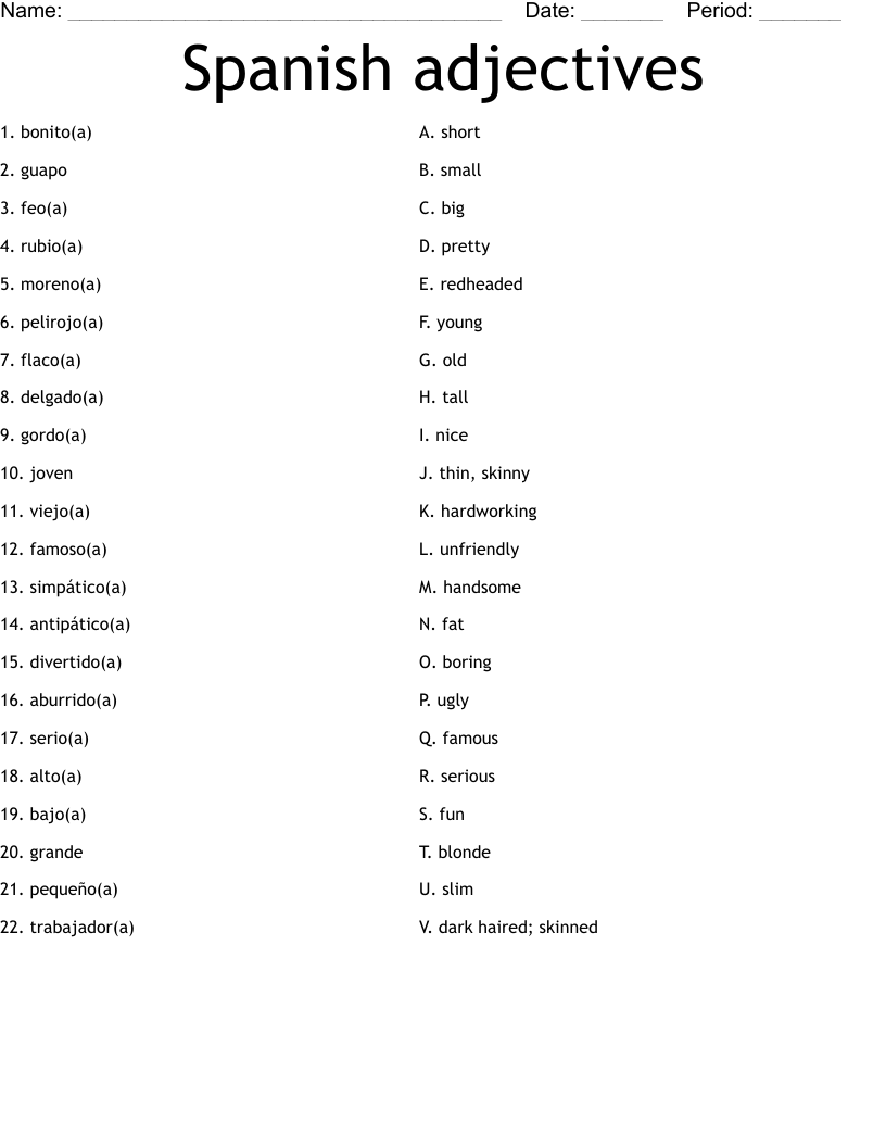 Spanish Adjectives Worksheet WordMint
