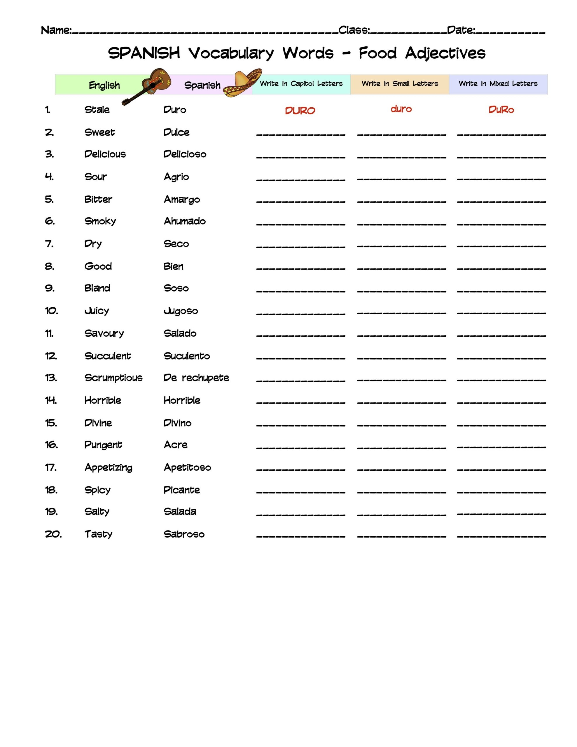 Adjectives In Spanish Printable Worksheets