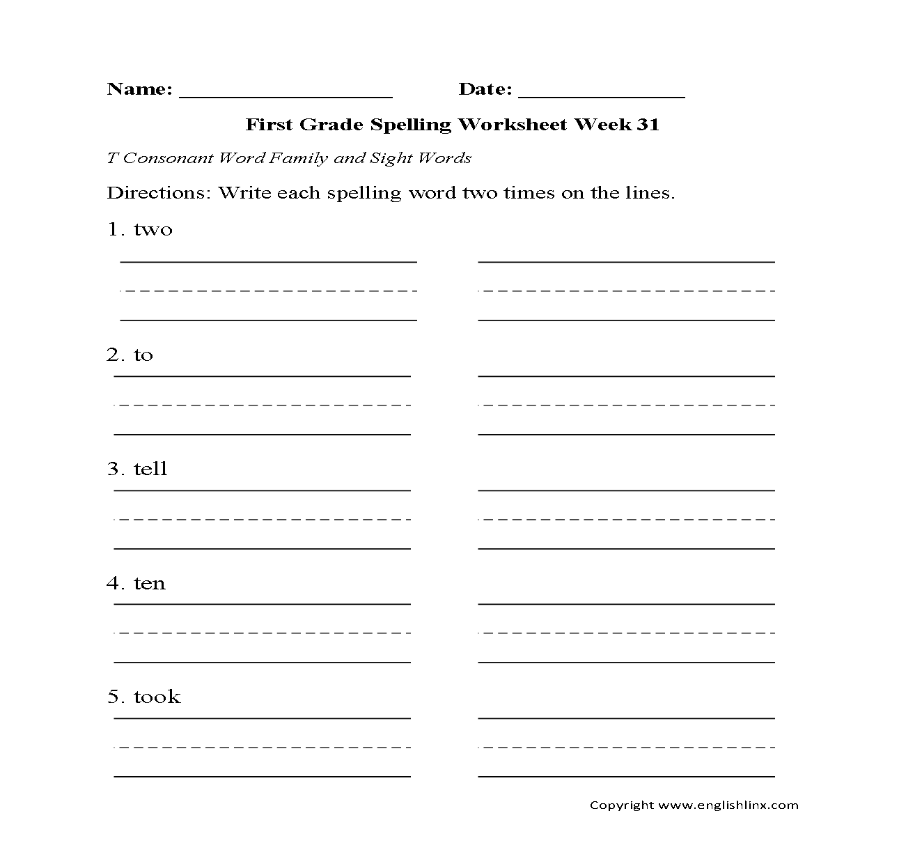 First Grade Spelling Worksheets Printable Free