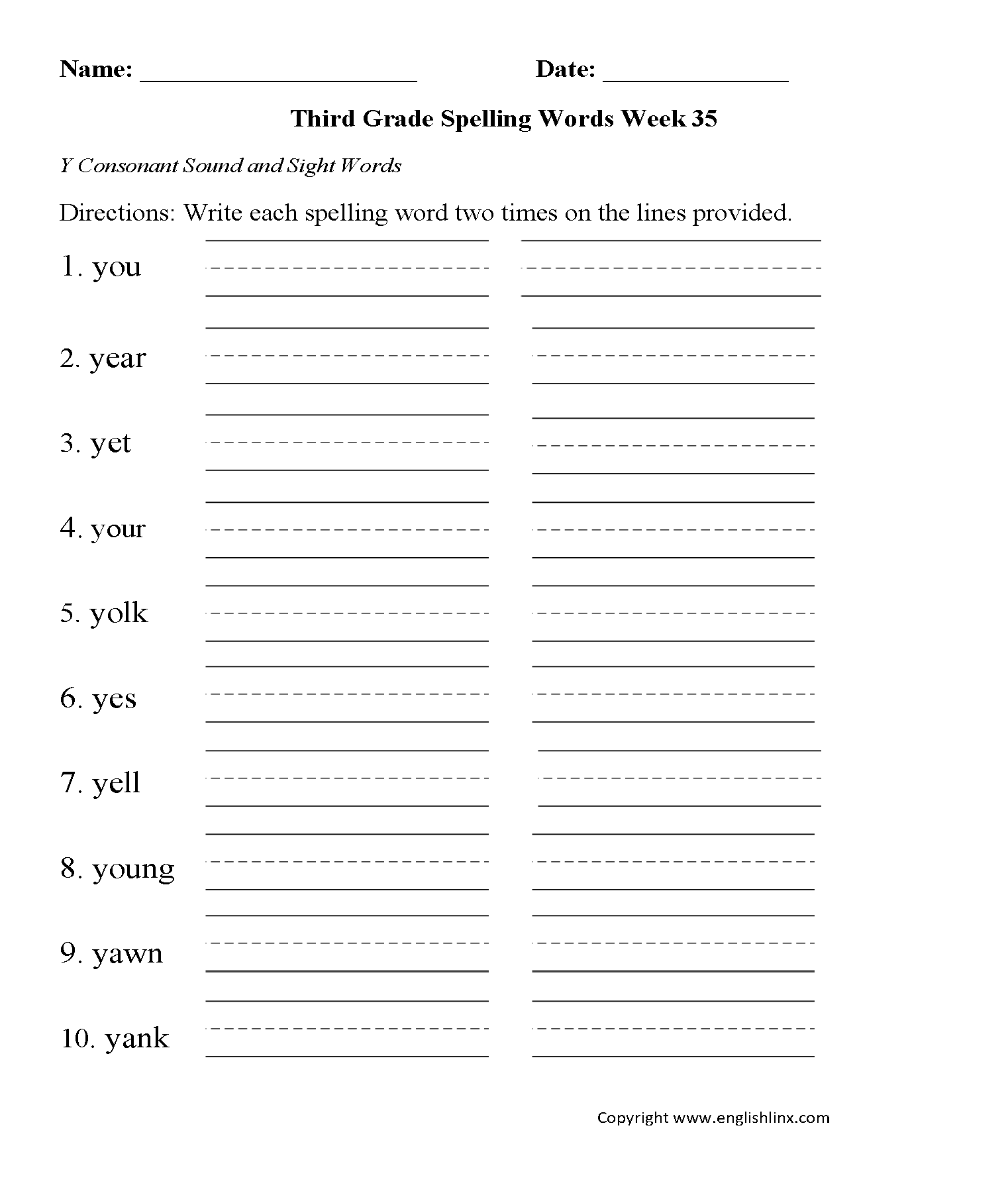 3Rd Grade Spelling Printable Worksheets