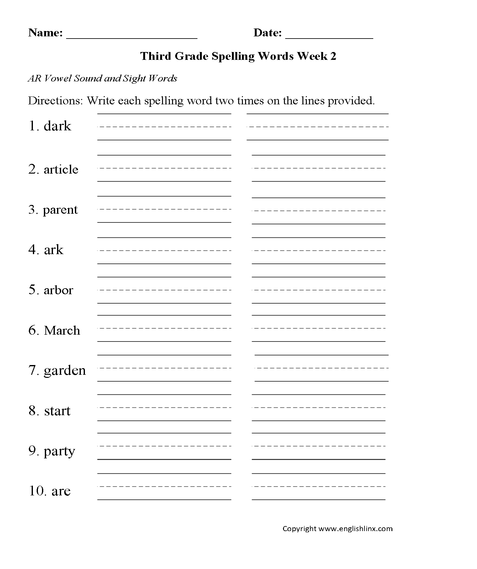 3Rd Grade Spelling Worksheets Printable