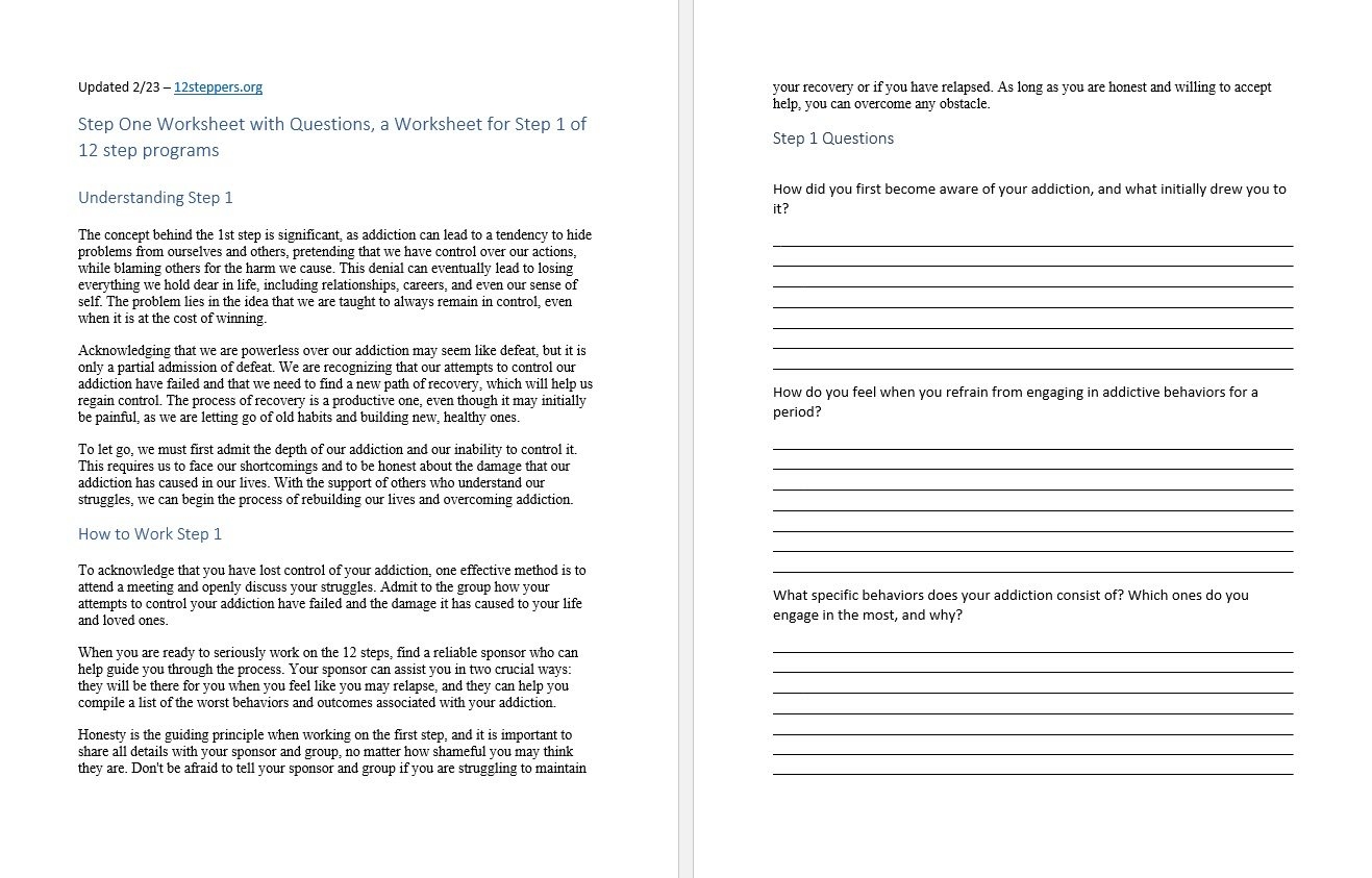 12 Step Recovery Worksheets Printable