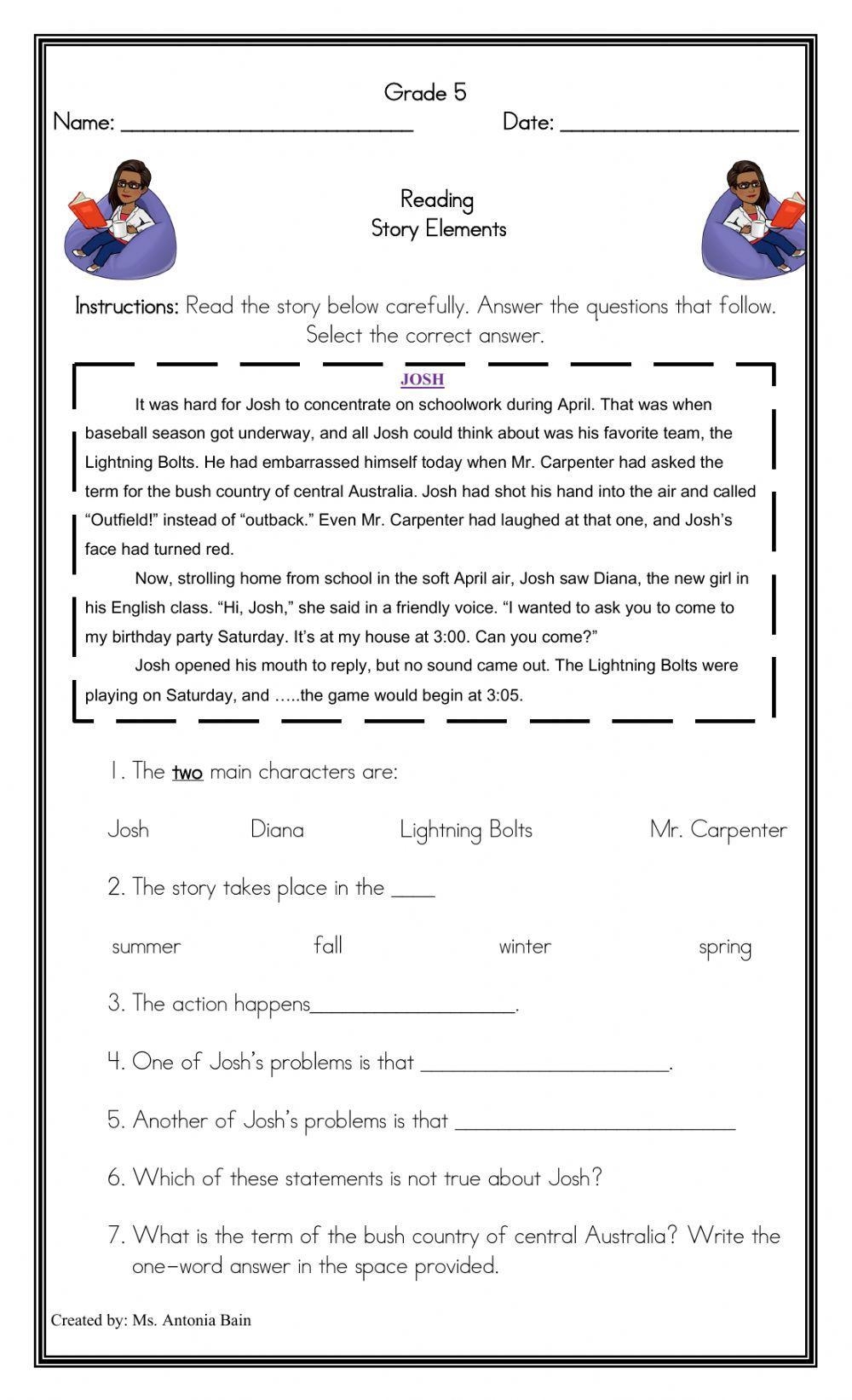 5Th Grade Printable Story Worksheets