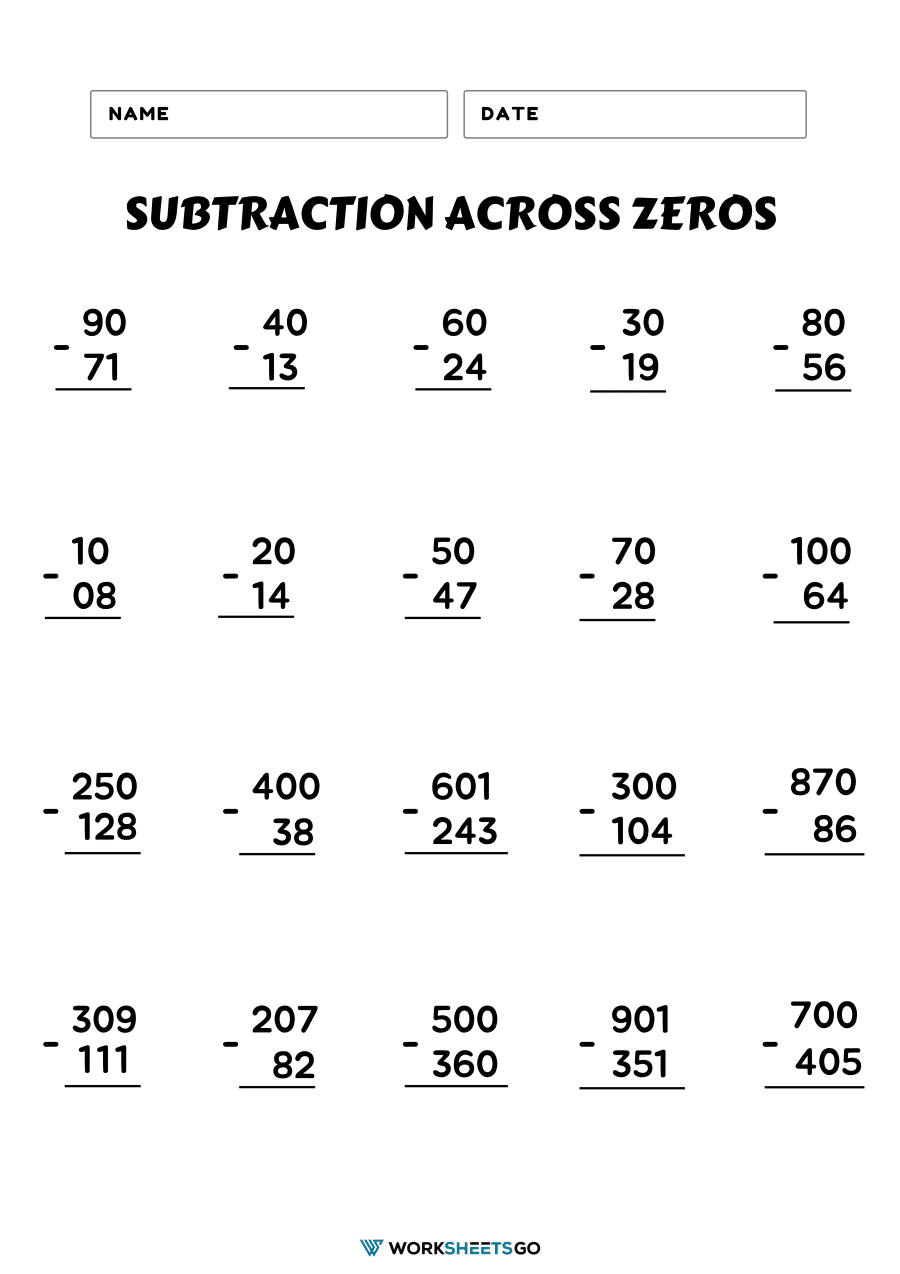Subtracting Across Zeros Worksheets WorksheetsGO