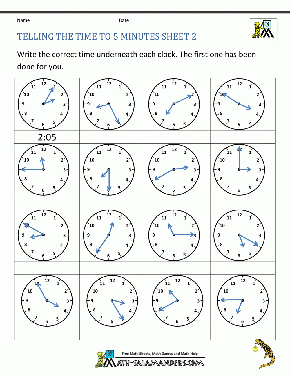 Telling Time To 5 Minutes Worksheets