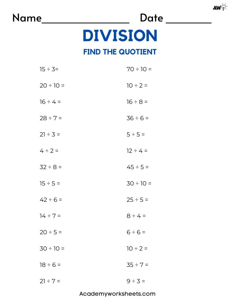 Find Each Quotient Printable Math Worksheets
