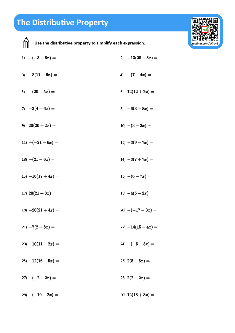 Distributive Property Free Printable Worksheets