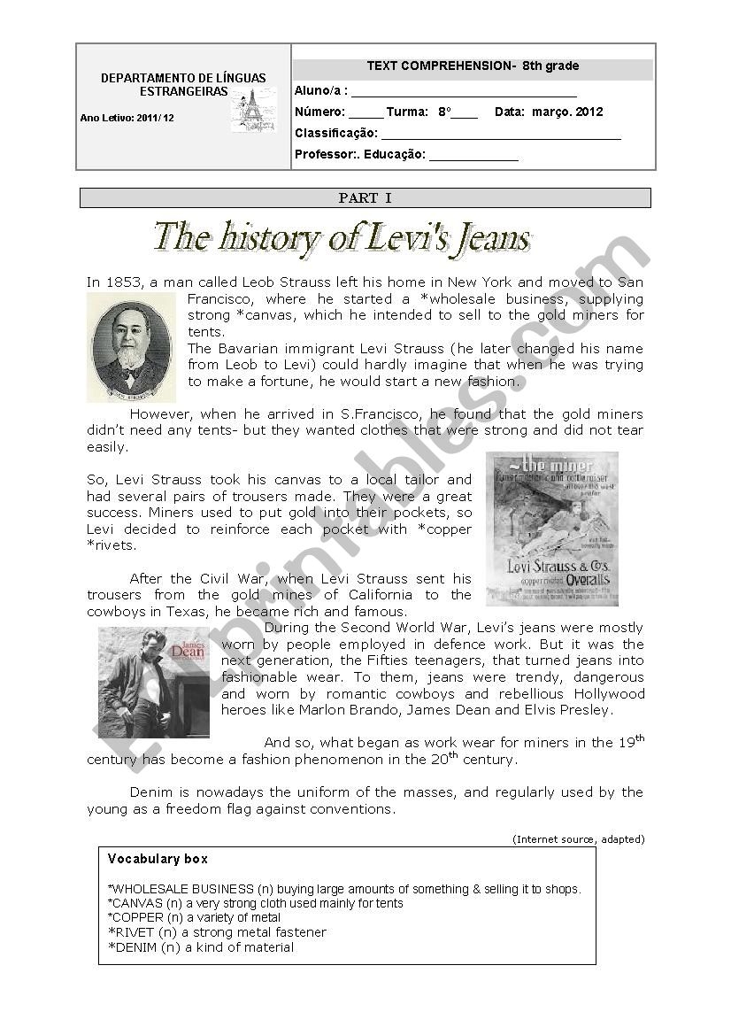 The History Of Levi s Jeans 8th Grade WS ESL Worksheet By NinaRaven