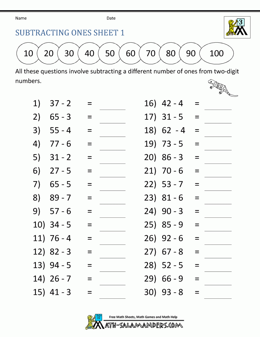 3Rd Grade Math Subtraction Printable Worksheets