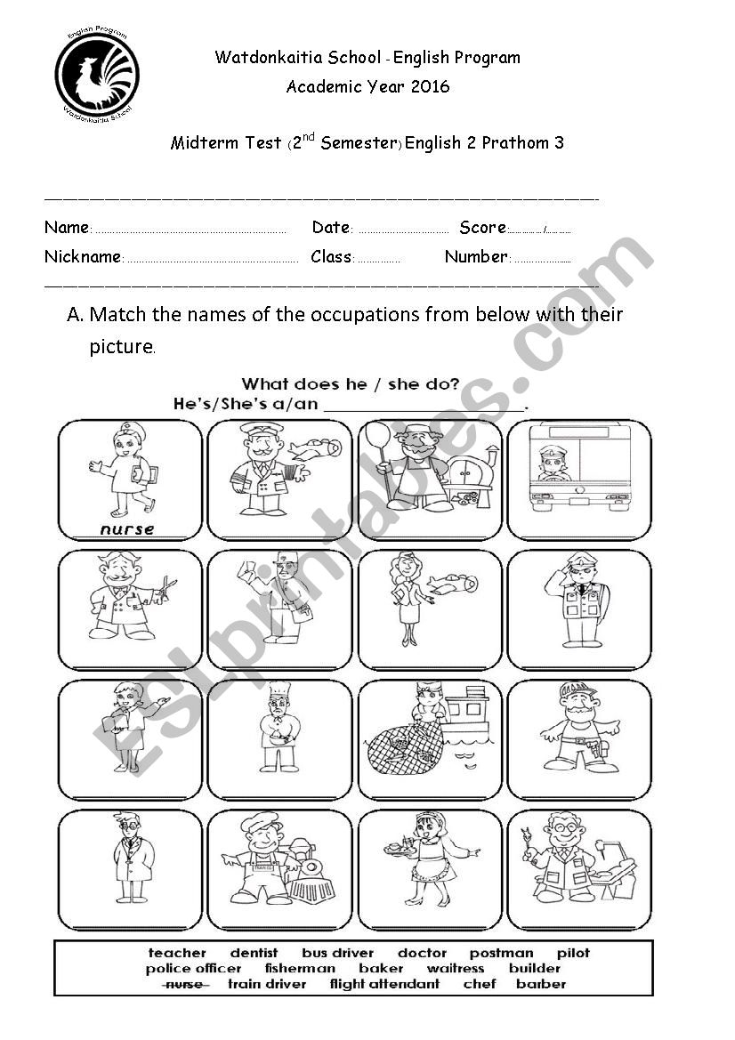 Third Grade Test Occupations ESL Worksheet By LuisThai88